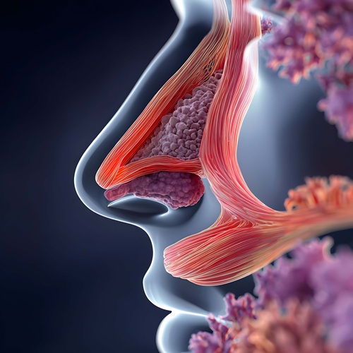 Medical illustration of the nasal passage showing inflamed sinus tissue and surrounding facial muscles