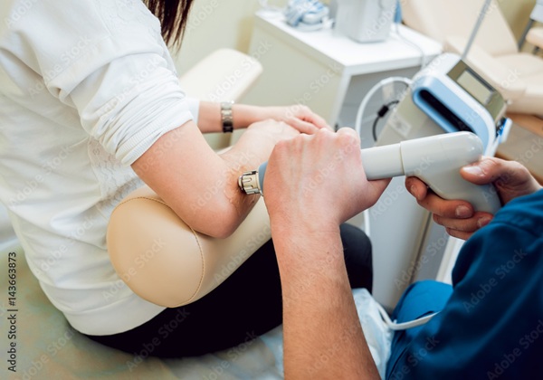 Targeted therapy being applied to an elbow, representing treatment for joint pain, inflammation, and improved function